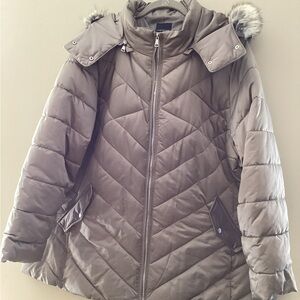 Lane Bryant Taupe Puffer Jacket with Faux Fur Hood